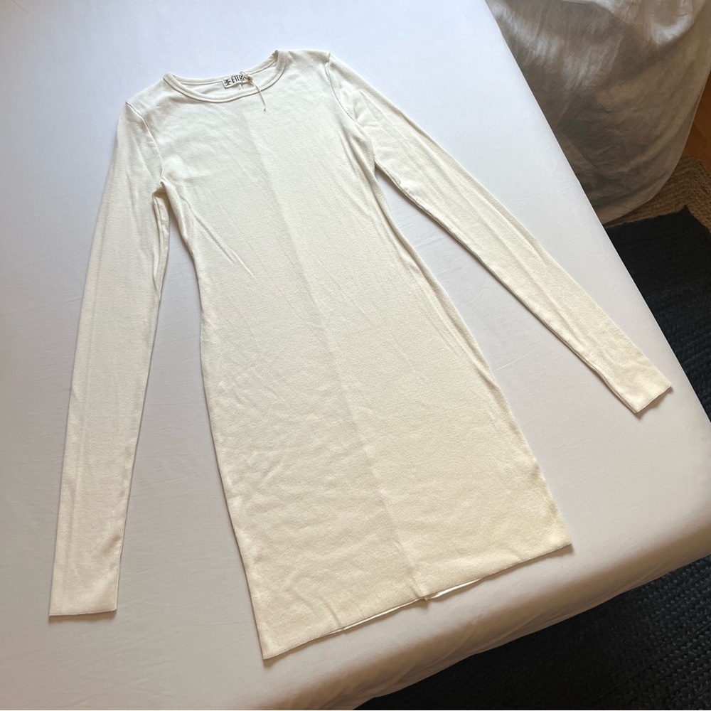 NWOT ETERNE ivory cream‎ rib knit cotton modal spandex raw fray hem mini dress